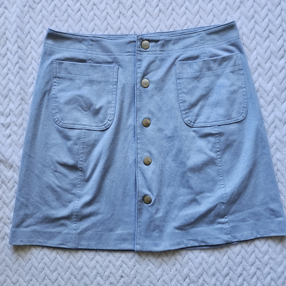 Belle Sky Light Blue Suede Button Down Mini Skirt Size 8